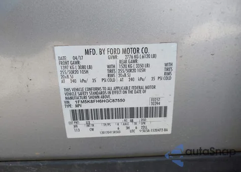 2017 Ford Explorer Limited z USA, uszkodzony, nr VIN 1FM5K8FH6HGC87550